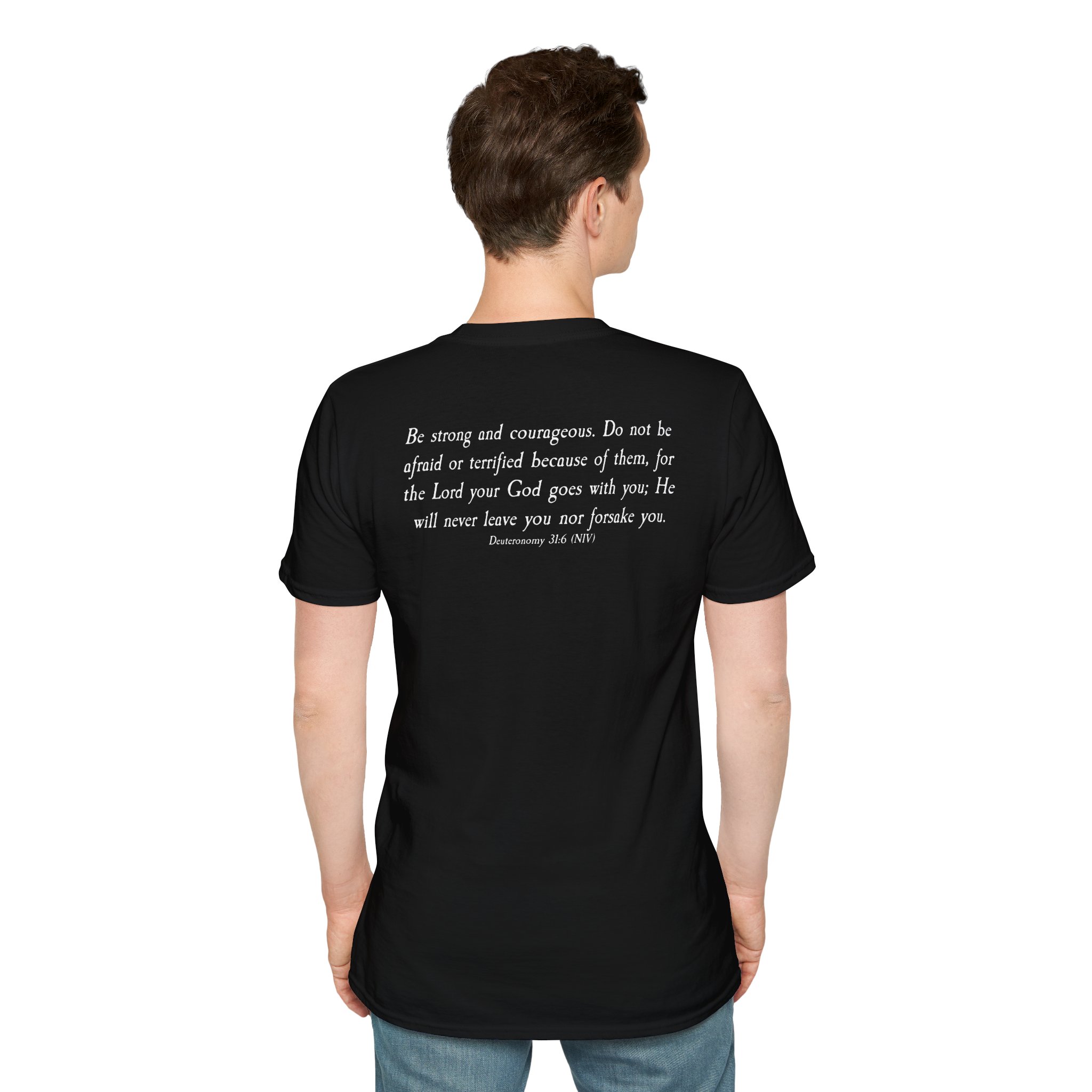 #988 Never Alone with Ribbon + Back Scripture Unisex Softstyle T-Shirt - Image 24