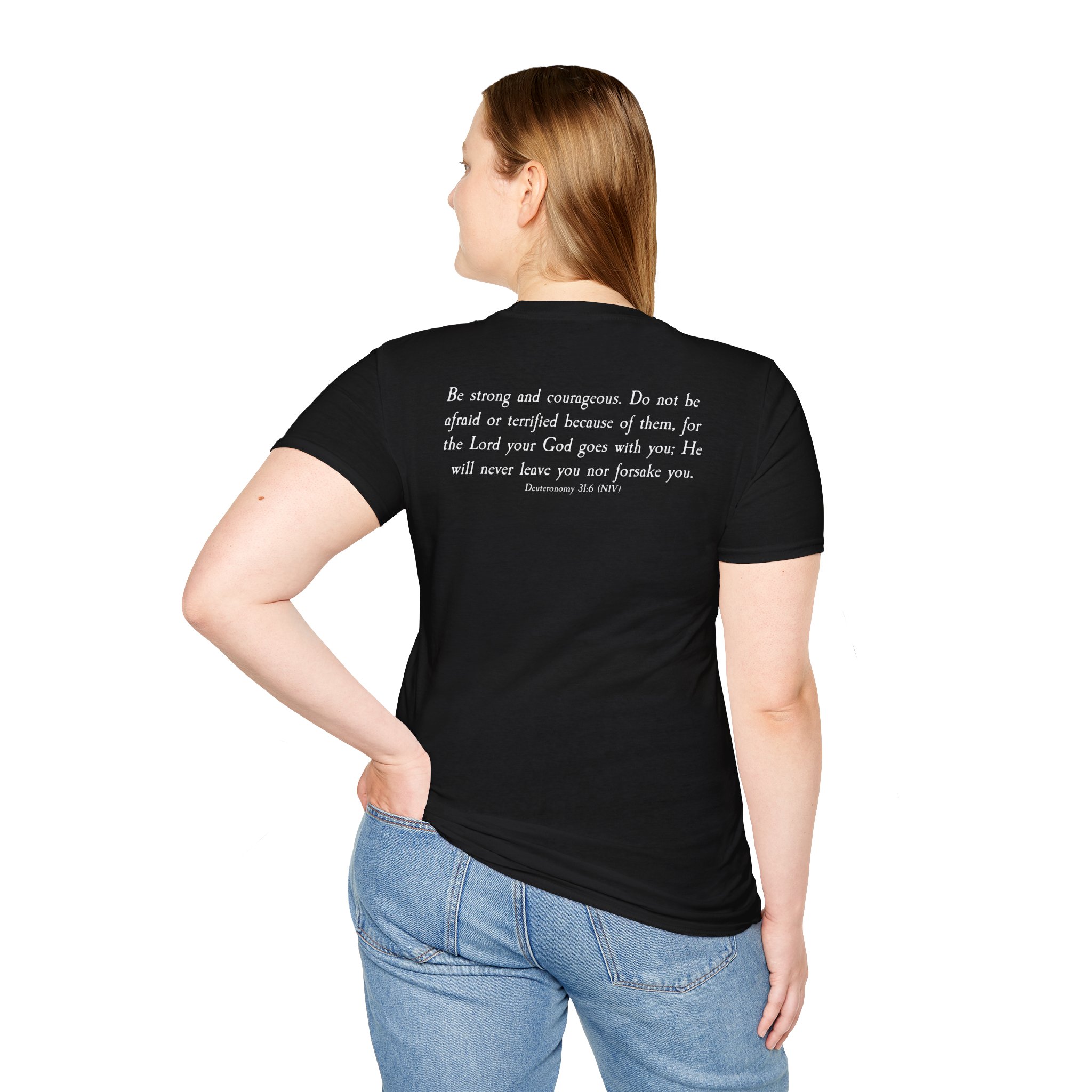 #988 Never Alone with Ribbon + Back Scripture Unisex Softstyle T-Shirt - Image 22