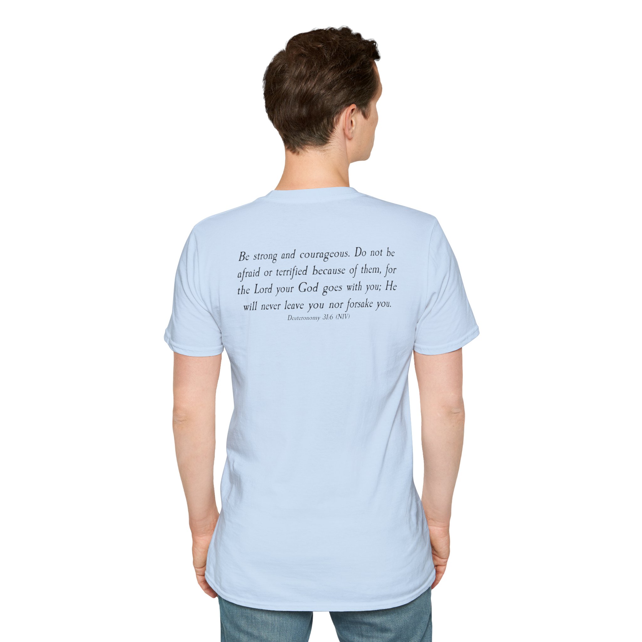 #988 Never Alone with Ribbon + Back Scripture Unisex Softstyle T-Shirt - Image 80