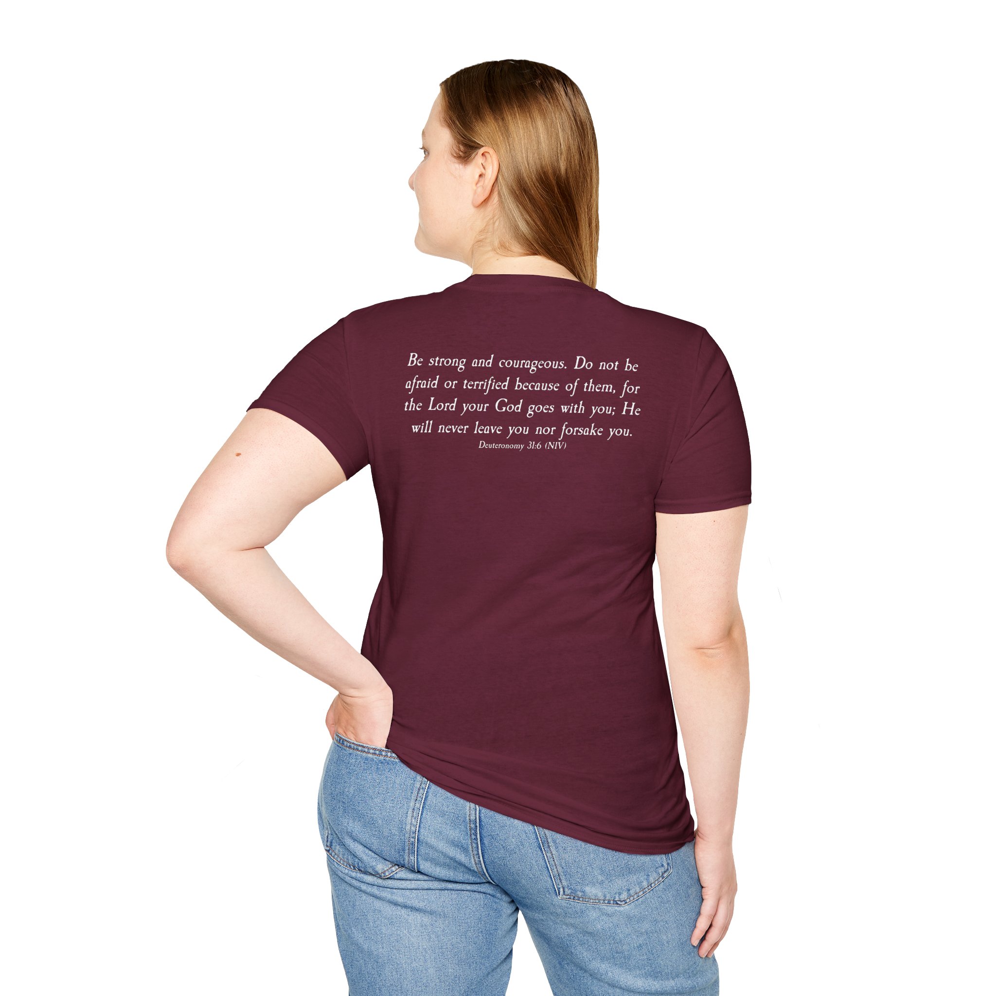 #988 Never Alone with Ribbon + Back Scripture Unisex Softstyle T-Shirt - Image 38