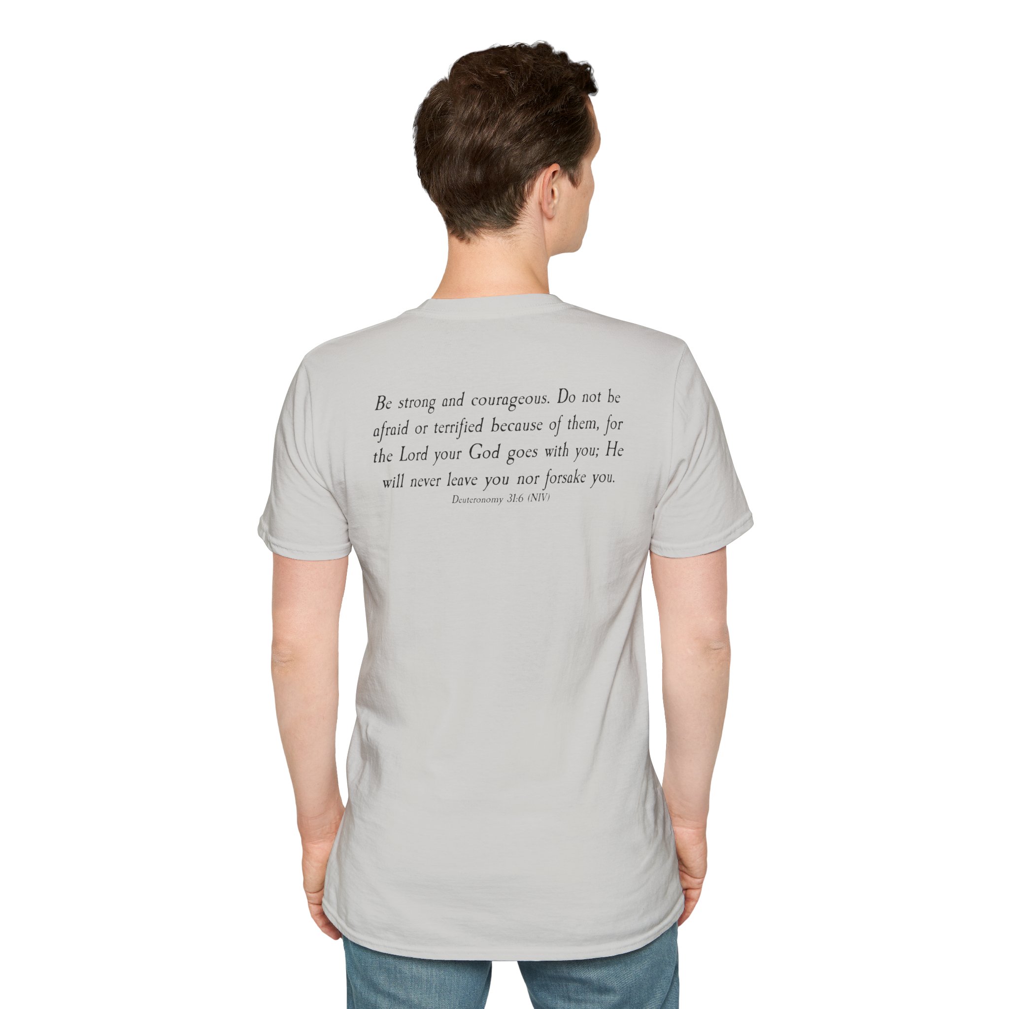 #988 Never Alone with Ribbon + Back Scripture Unisex Softstyle T-Shirt - Image 32