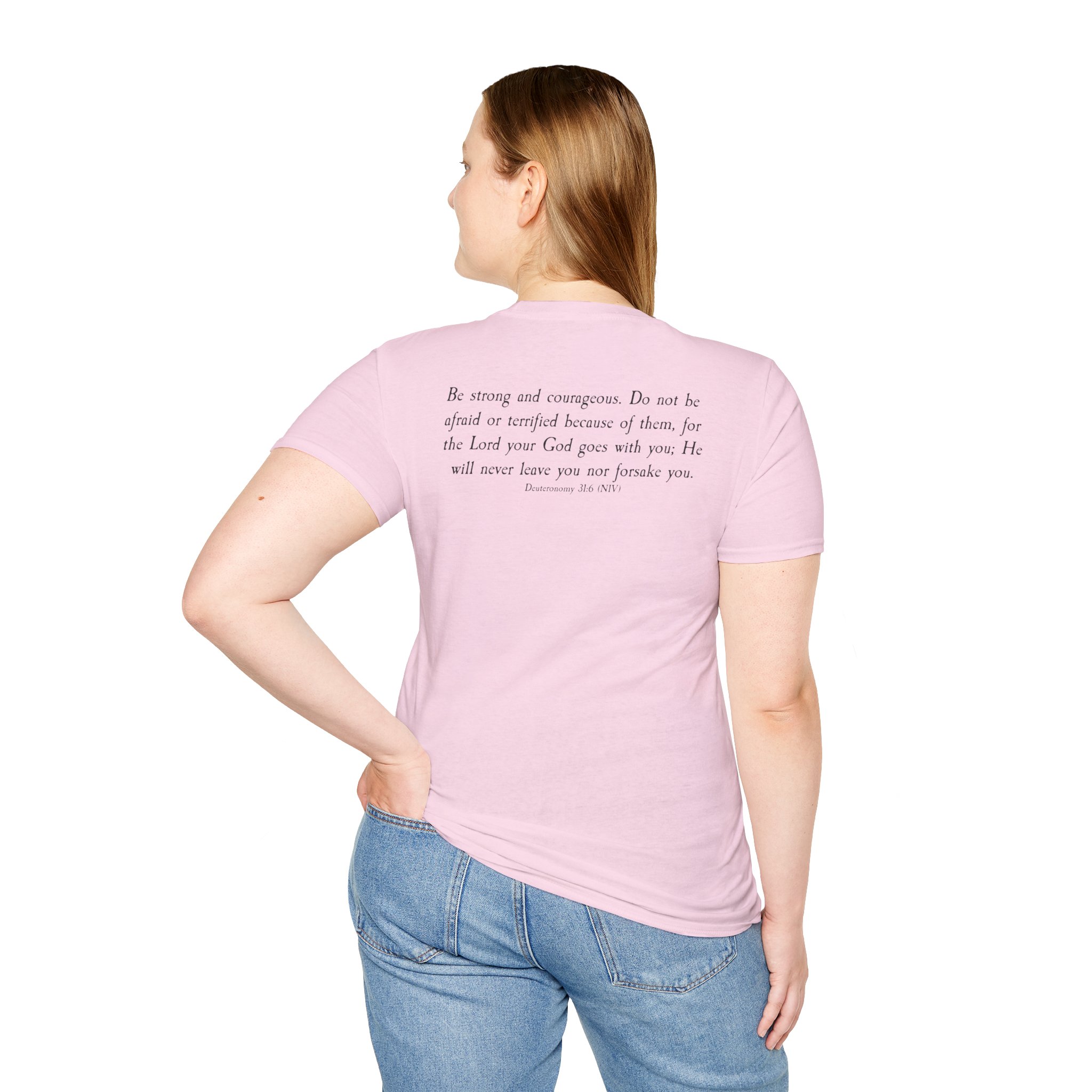 #988 Never Alone with Ribbon + Back Scripture Unisex Softstyle T-Shirt - Image 103