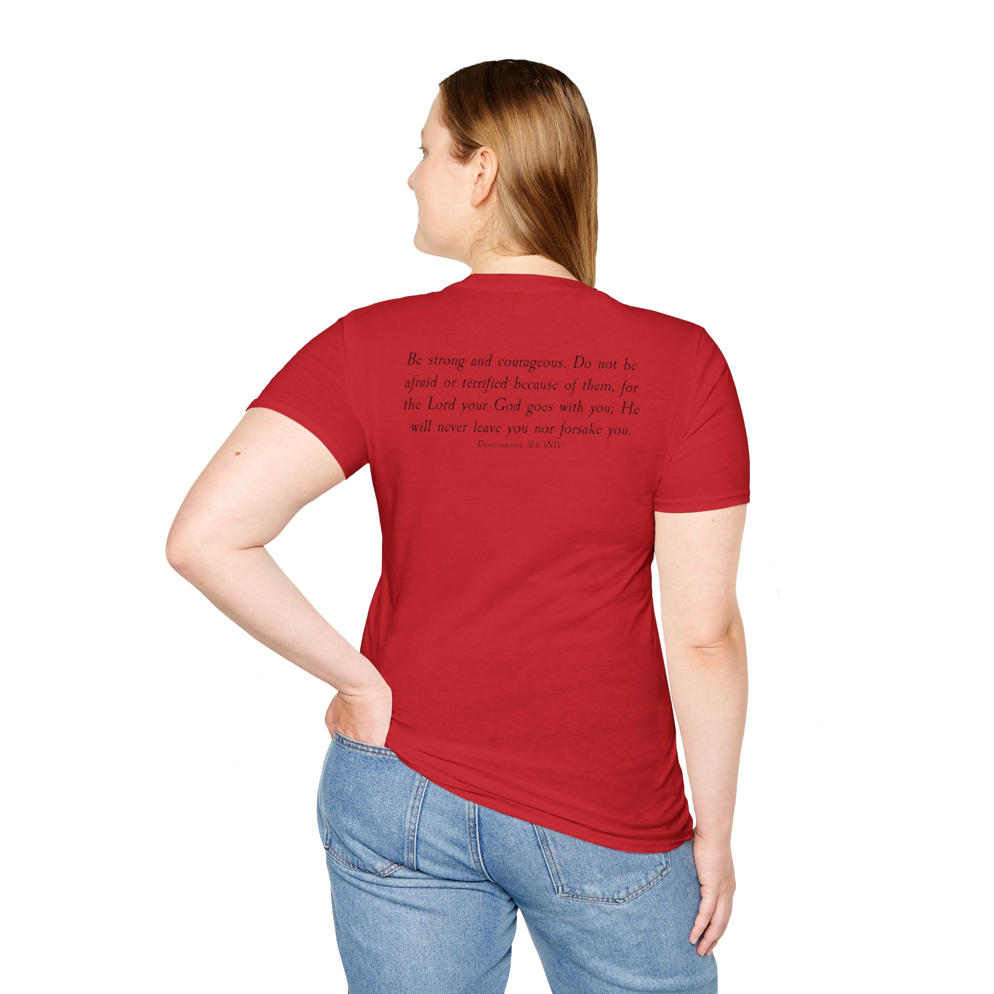#988 Never Alone with Ribbon + Back Scripture Unisex Softstyle T-Shirt - Image 110
