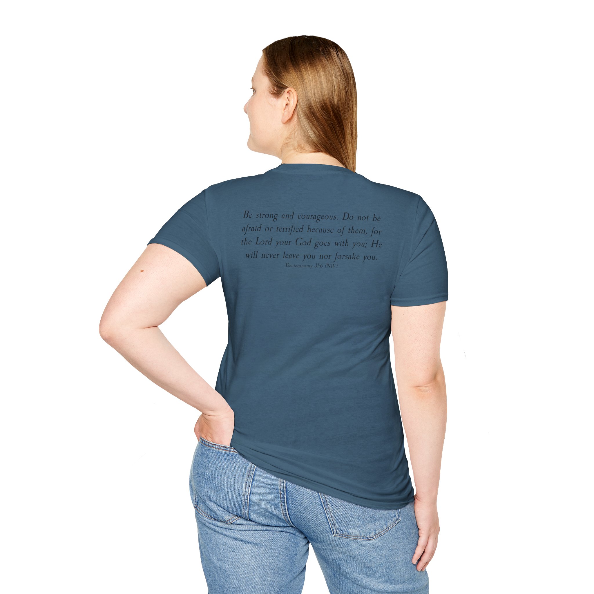 #988 Never Alone with Ribbon + Back Scripture Unisex Softstyle T-Shirt - Image 86