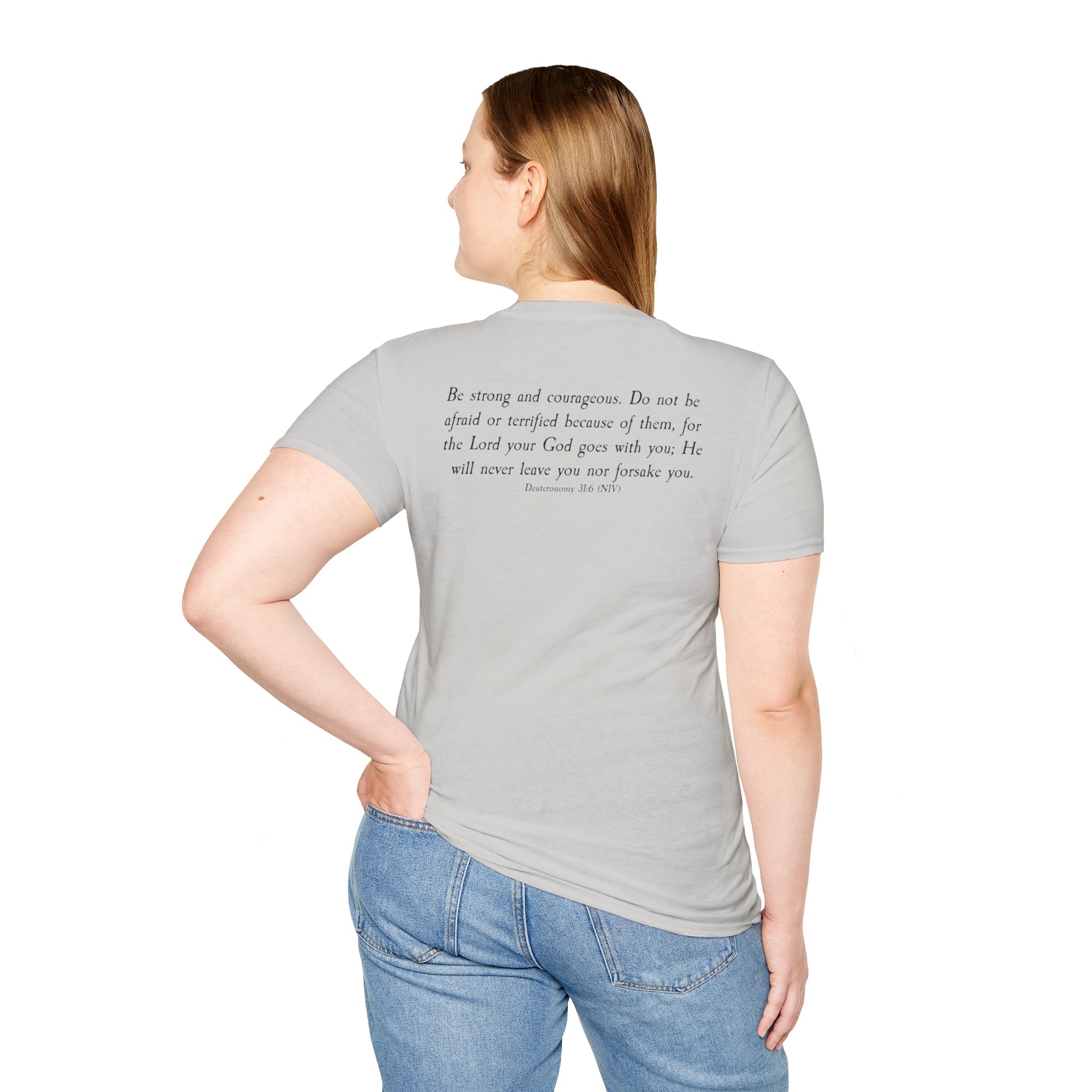 #988 Never Alone with Ribbon + Back Scripture Unisex Softstyle T-Shirt - Image 30