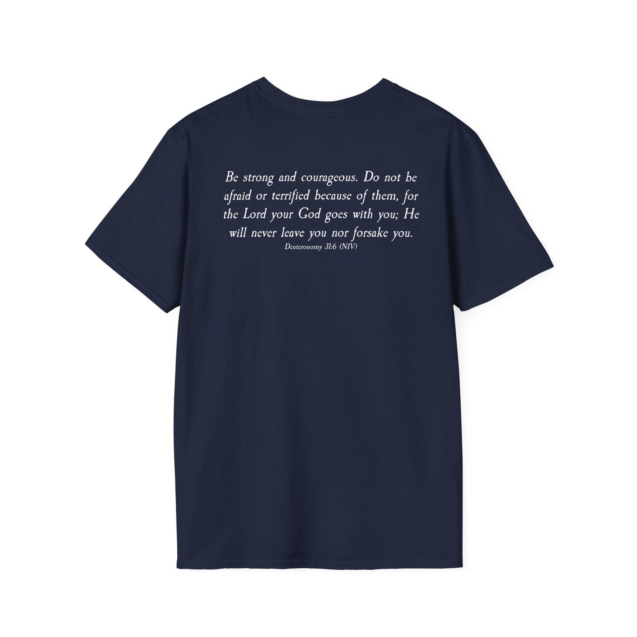#988 Never Alone with Ribbon + Back Scripture Unisex Softstyle T-Shirt