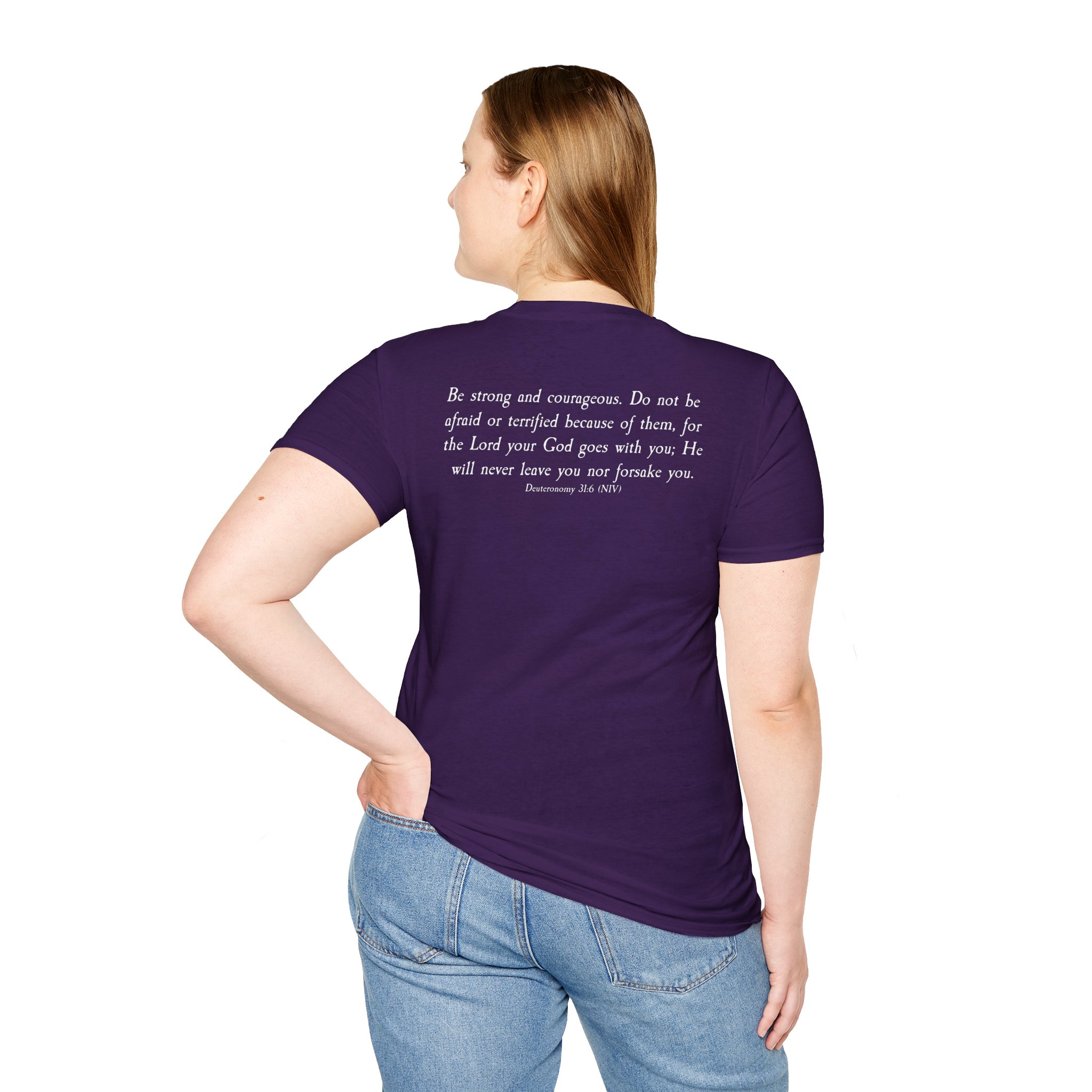 #988 Never Alone with Ribbon + Back Scripture Unisex Softstyle T-Shirt - Image 14
