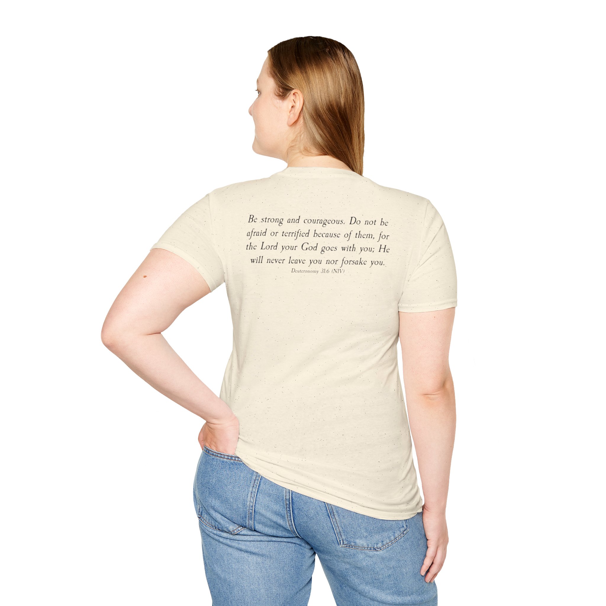 #988 Never Alone with Ribbon + Back Scripture Unisex Softstyle T-Shirt - Image 46