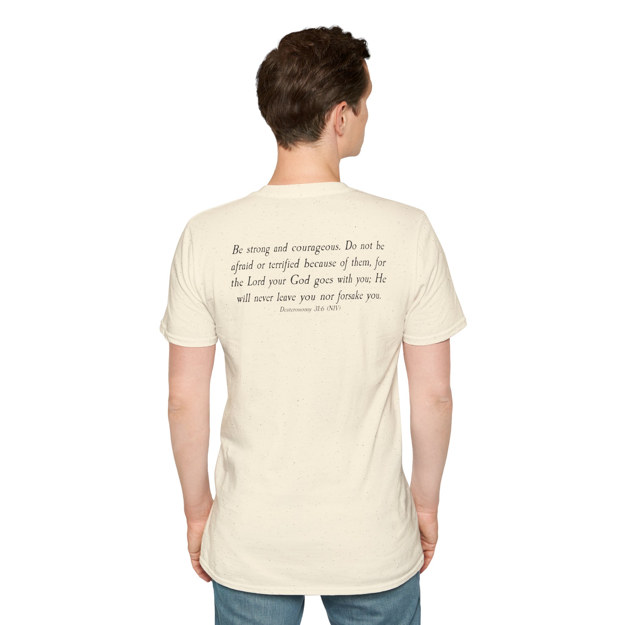 #988 Never Alone with Ribbon + Back Scripture Unisex Softstyle T-Shirt - Image 48