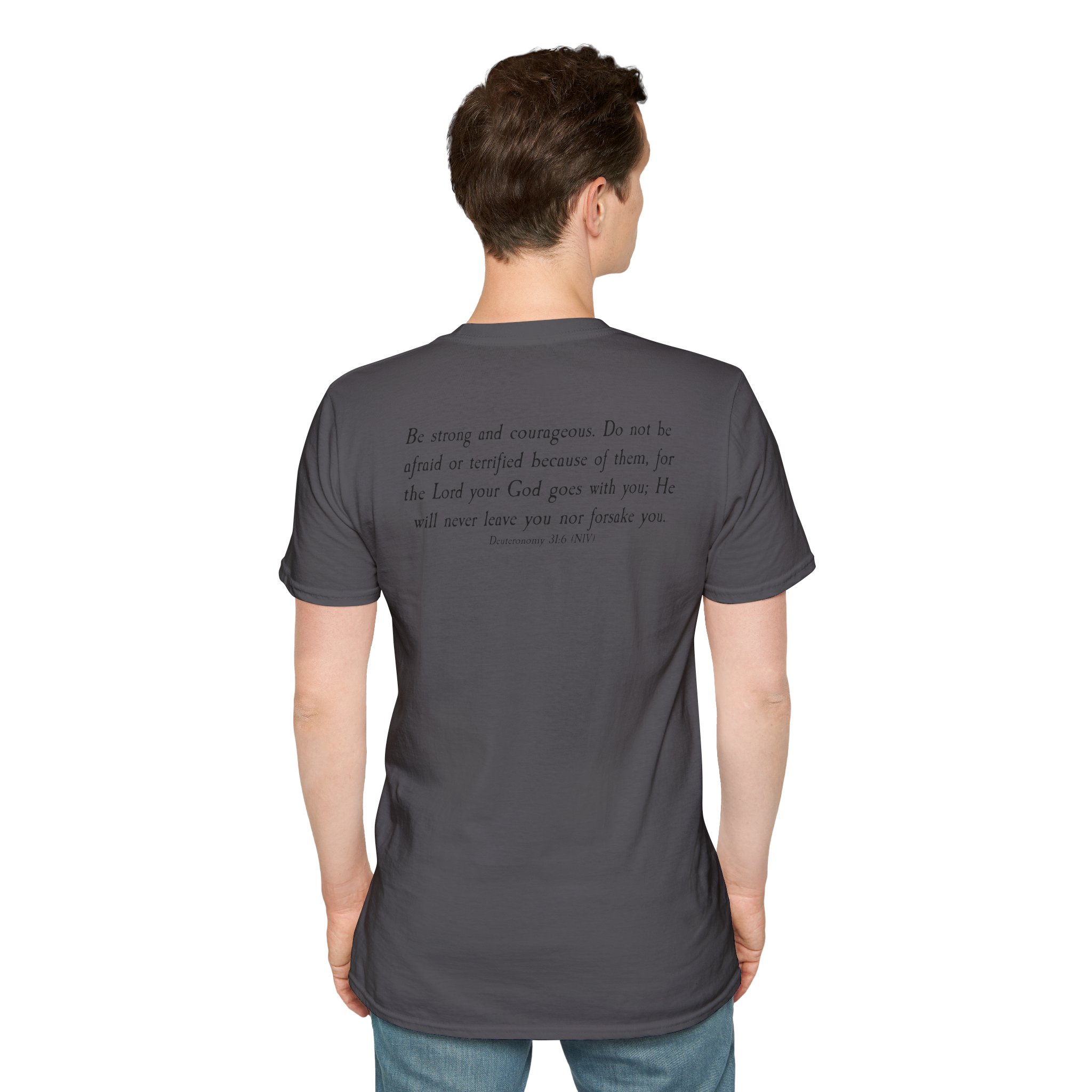 #988 Never Alone with Ribbon + Back Scripture Unisex Softstyle T-Shirt - Image 96