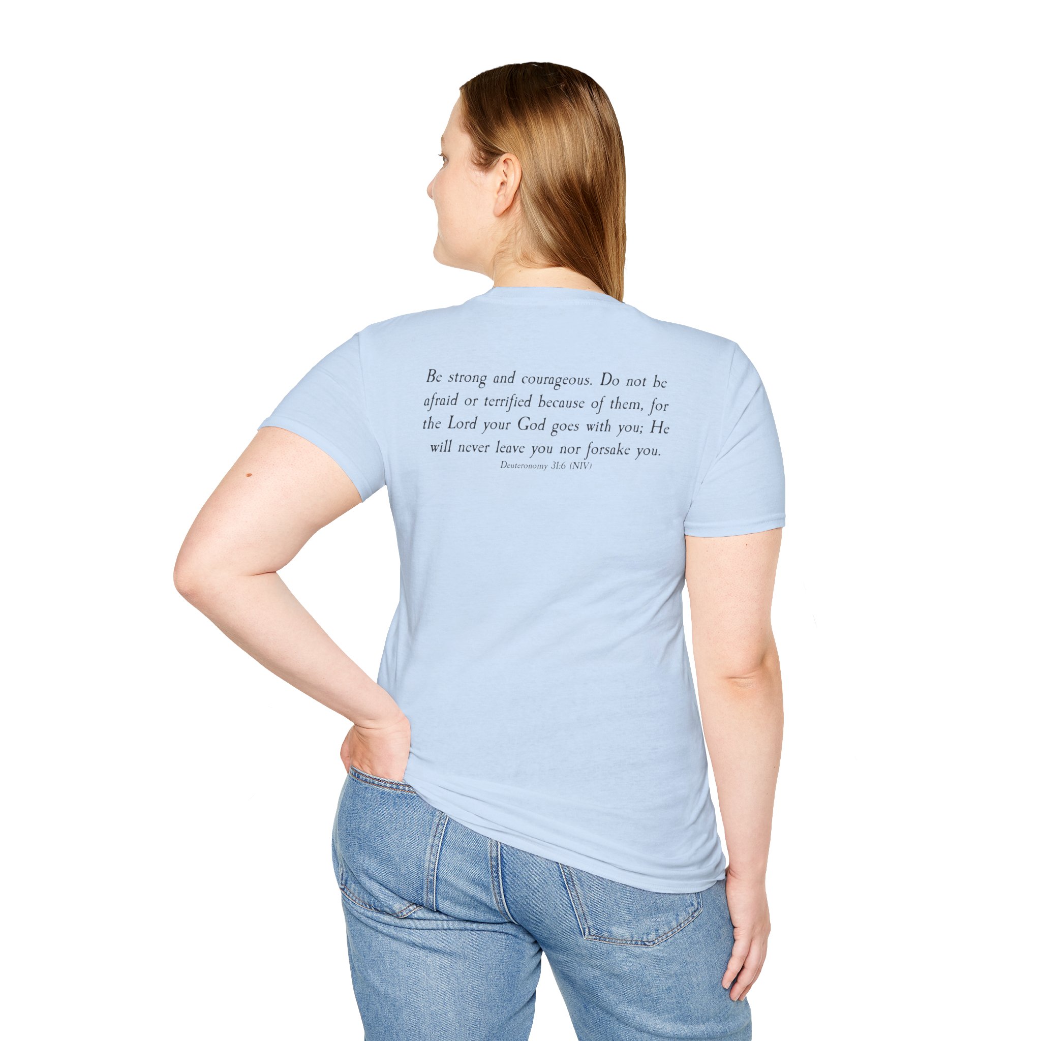 #988 Never Alone with Ribbon + Back Scripture Unisex Softstyle T-Shirt - Image 78