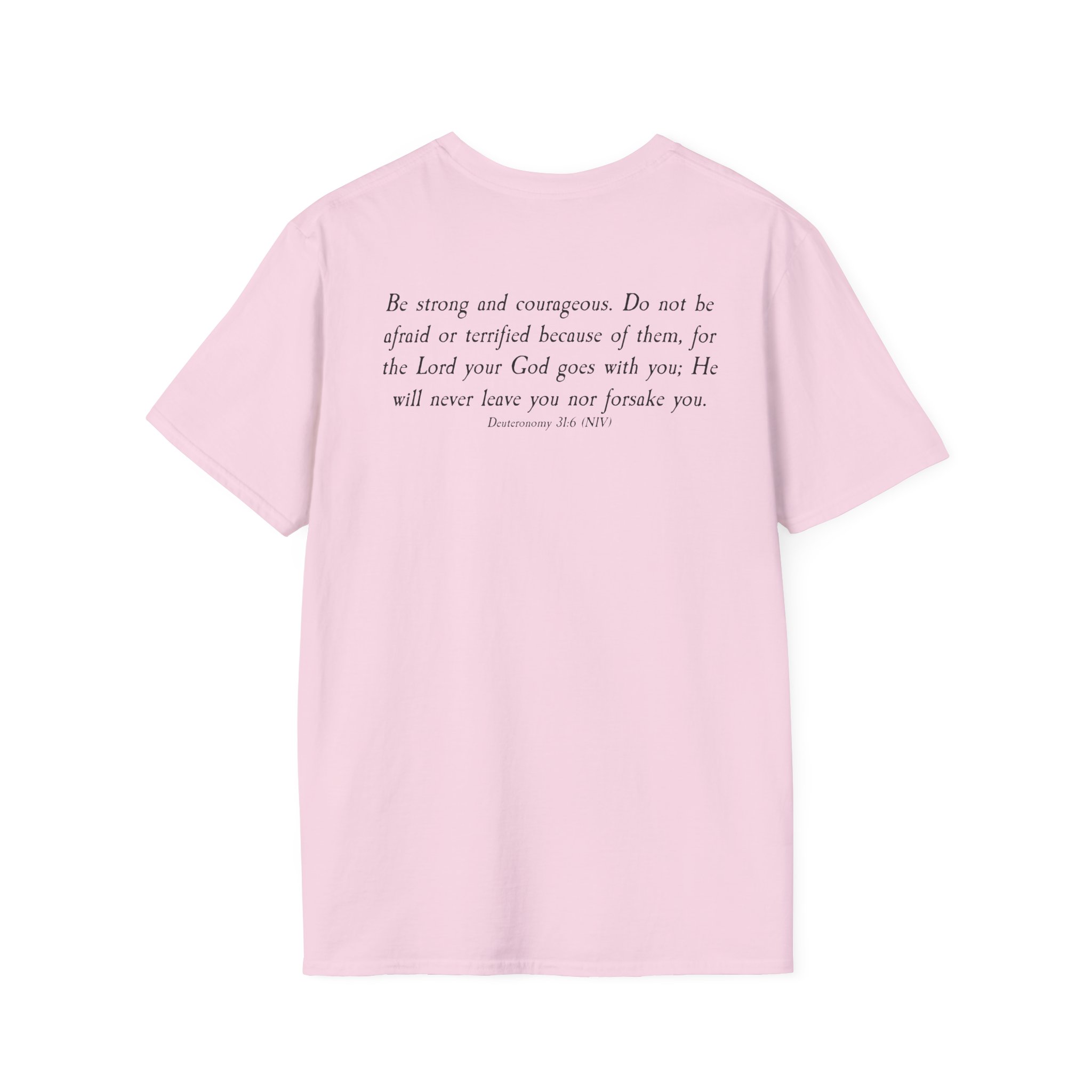 #988 Never Alone with Ribbon + Back Scripture Unisex Softstyle T-Shirt - Image 98