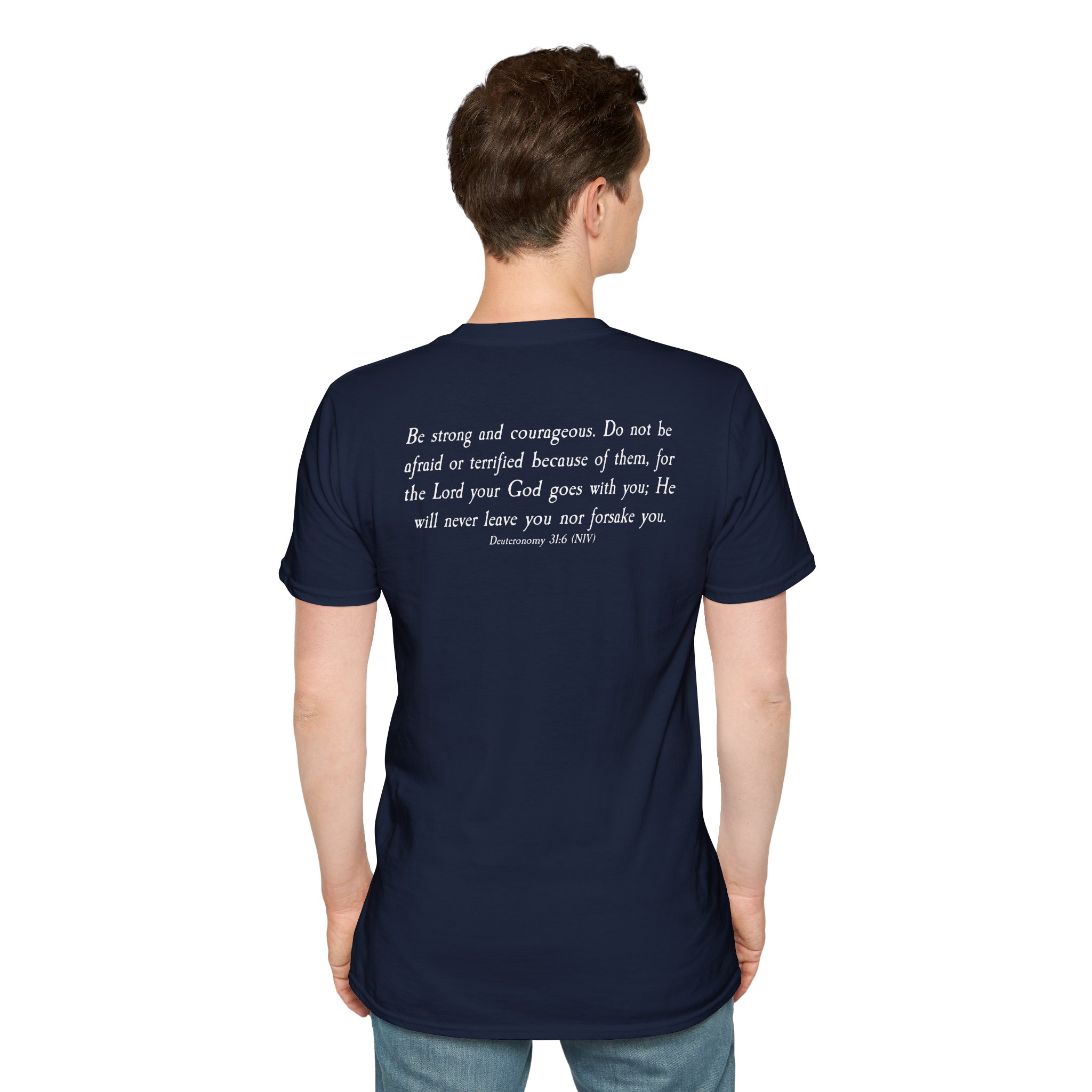#988 Never Alone with Ribbon + Back Scripture Unisex Softstyle T-Shirt - Image 8