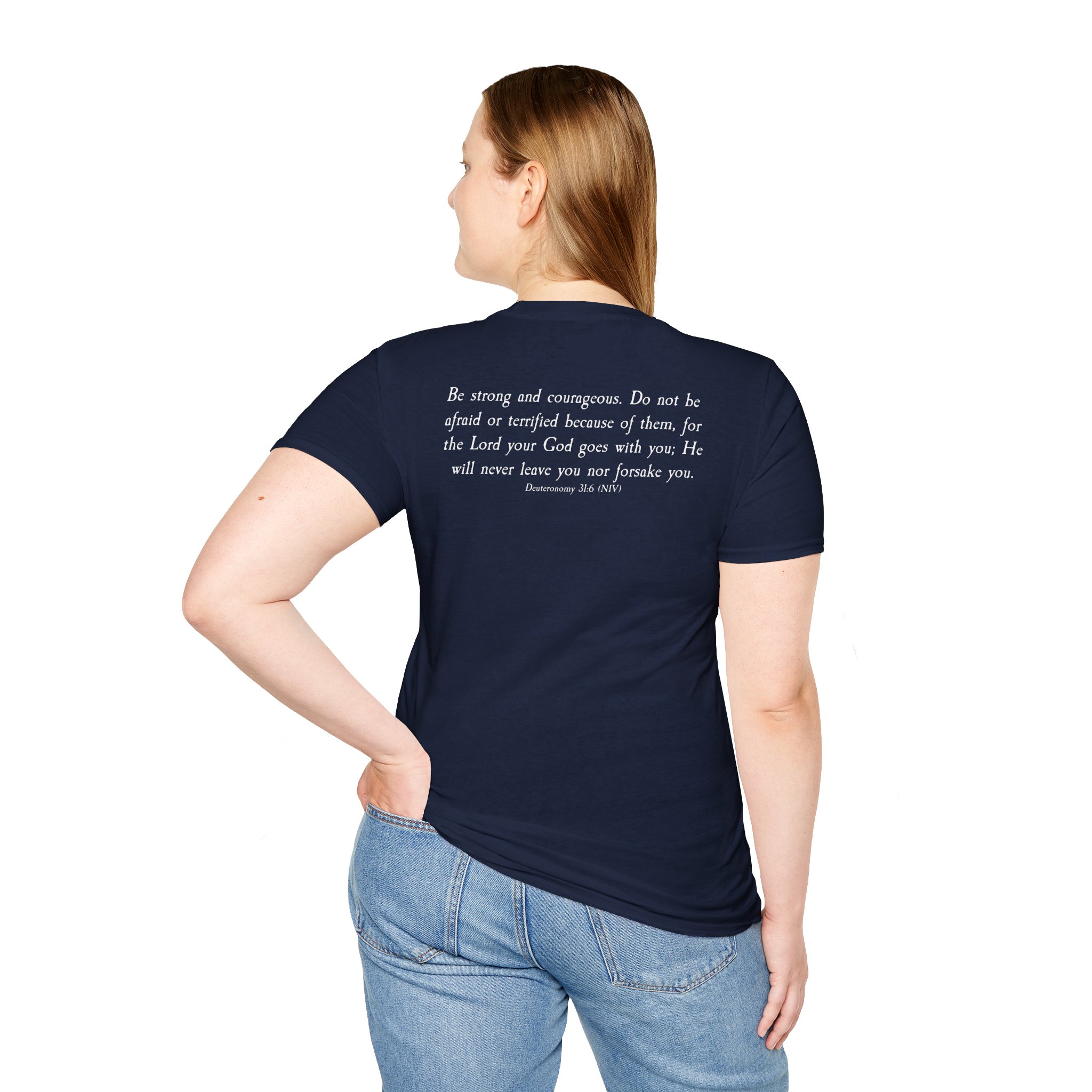 #988 Never Alone with Ribbon + Back Scripture Unisex Softstyle T-Shirt - Image 6