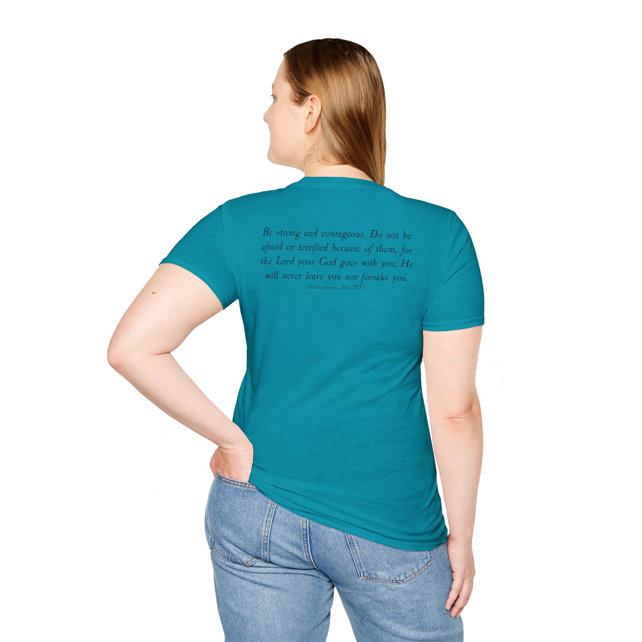 #988 Never Alone with Ribbon + Back Scripture Unisex Softstyle T-Shirt - Image 70