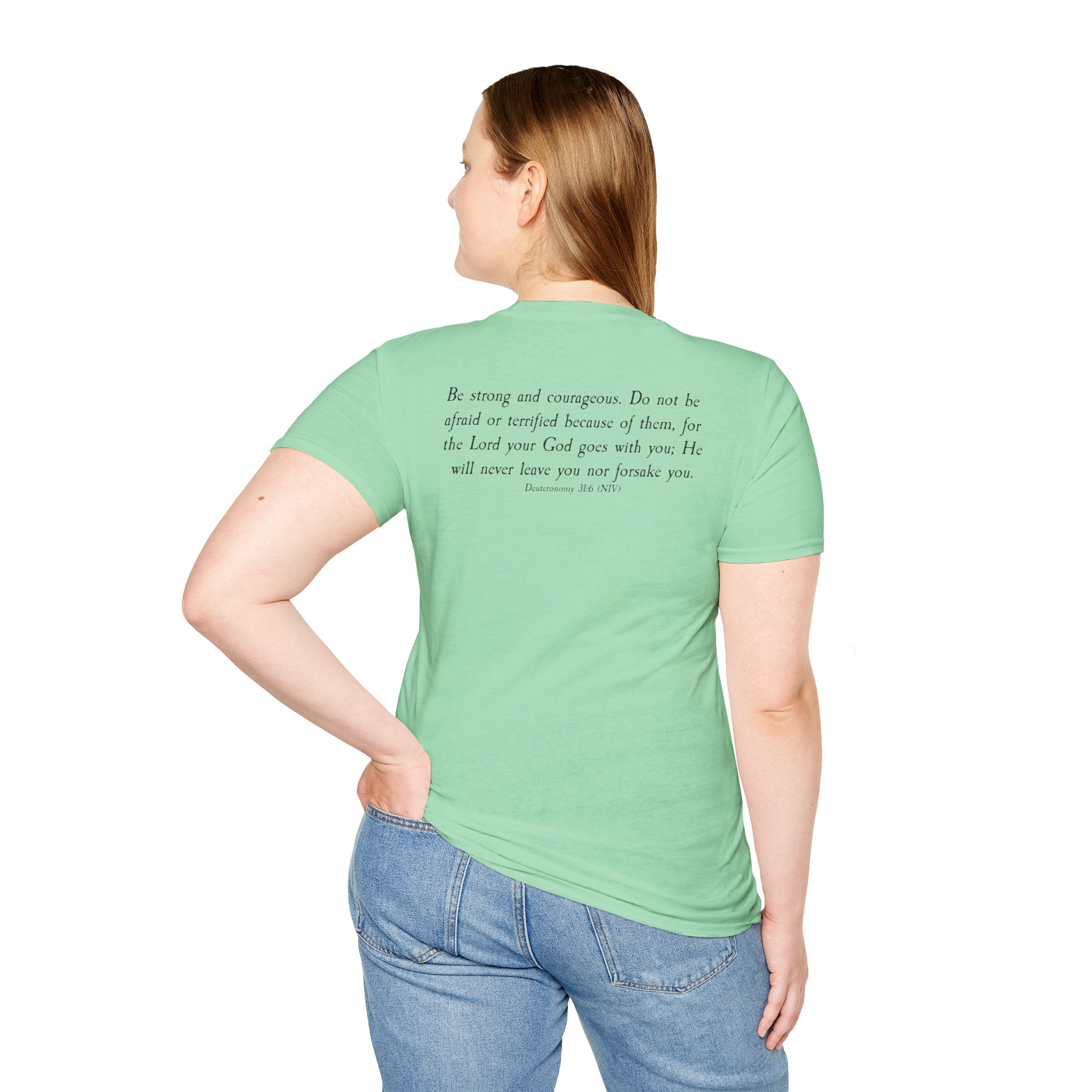 #988 Never Alone with Ribbon + Back Scripture Unisex Softstyle T-Shirt - Image 62