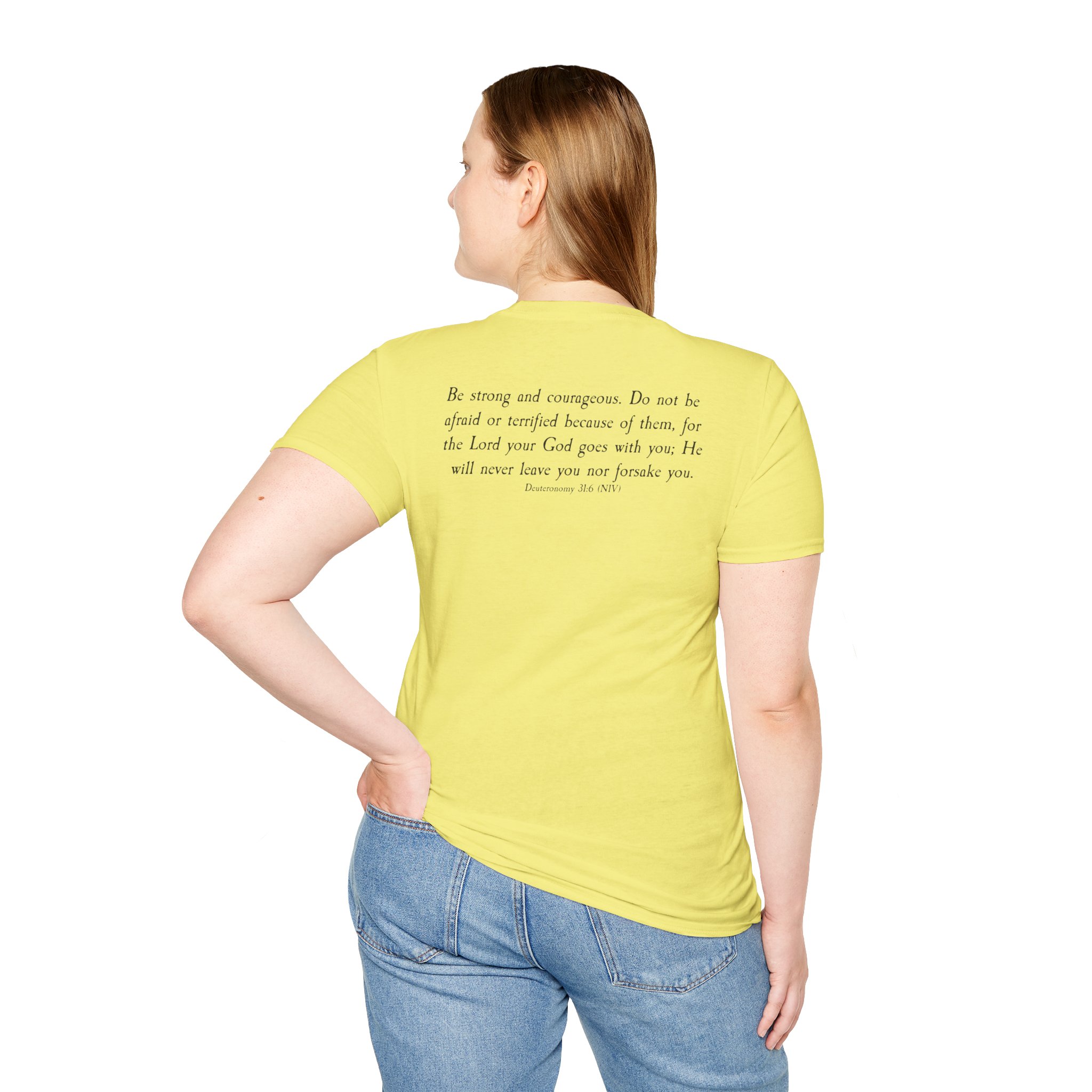 #988 Never Alone with Ribbon + Back Scripture Unisex Softstyle T-Shirt - Image 54